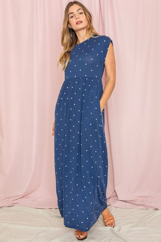 Polka Dot Folded Cap Sleeve Maxi Dress Navy S by EG fashion | Fleurcouture