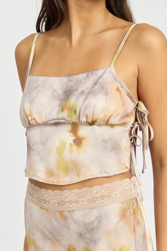 PRINTED CAMI WITH SIDE DRAWSTRINGS MAUVE by Emory Park | Fleurcouture
