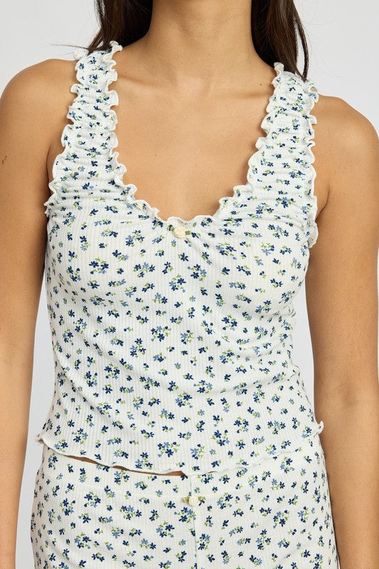 PRINTED KNIT TANK TOP WITH RUFFLE BLUE WHITE by Emory Park | Fleurcouture
