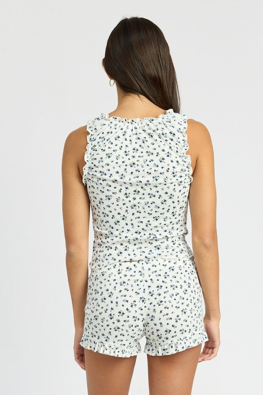 PRINTED KNIT TANK TOP WITH RUFFLE BLUE WHITE by Emory Park | Fleurcouture