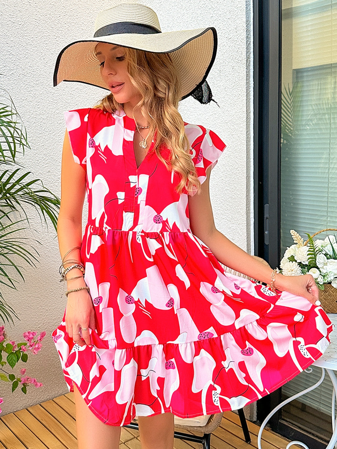 Printed Notched Cap Sleeve Dress Hot Pink Dresses by Trendsi | Fleurcouture