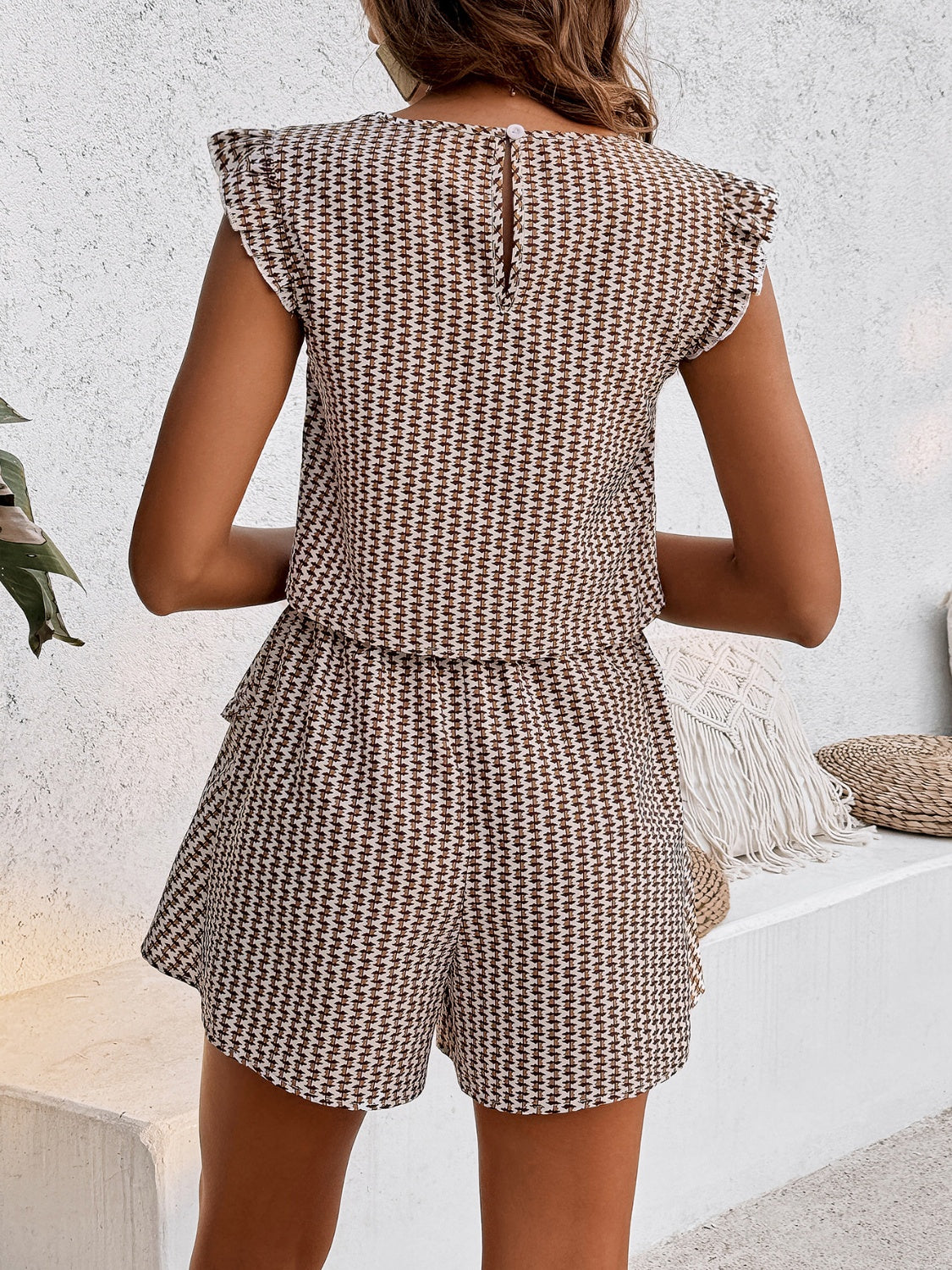Printed Round Neck Top and Layered Shorts Set Women&