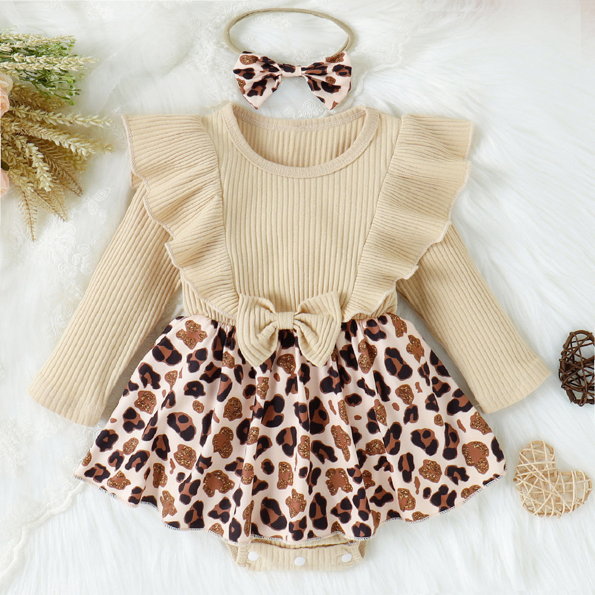 Printed Ruffled Bow Round Neck Bodysuit Dress Cream 3-6M Baby & Toddler Clothing by Trendsi | Fleurcouture