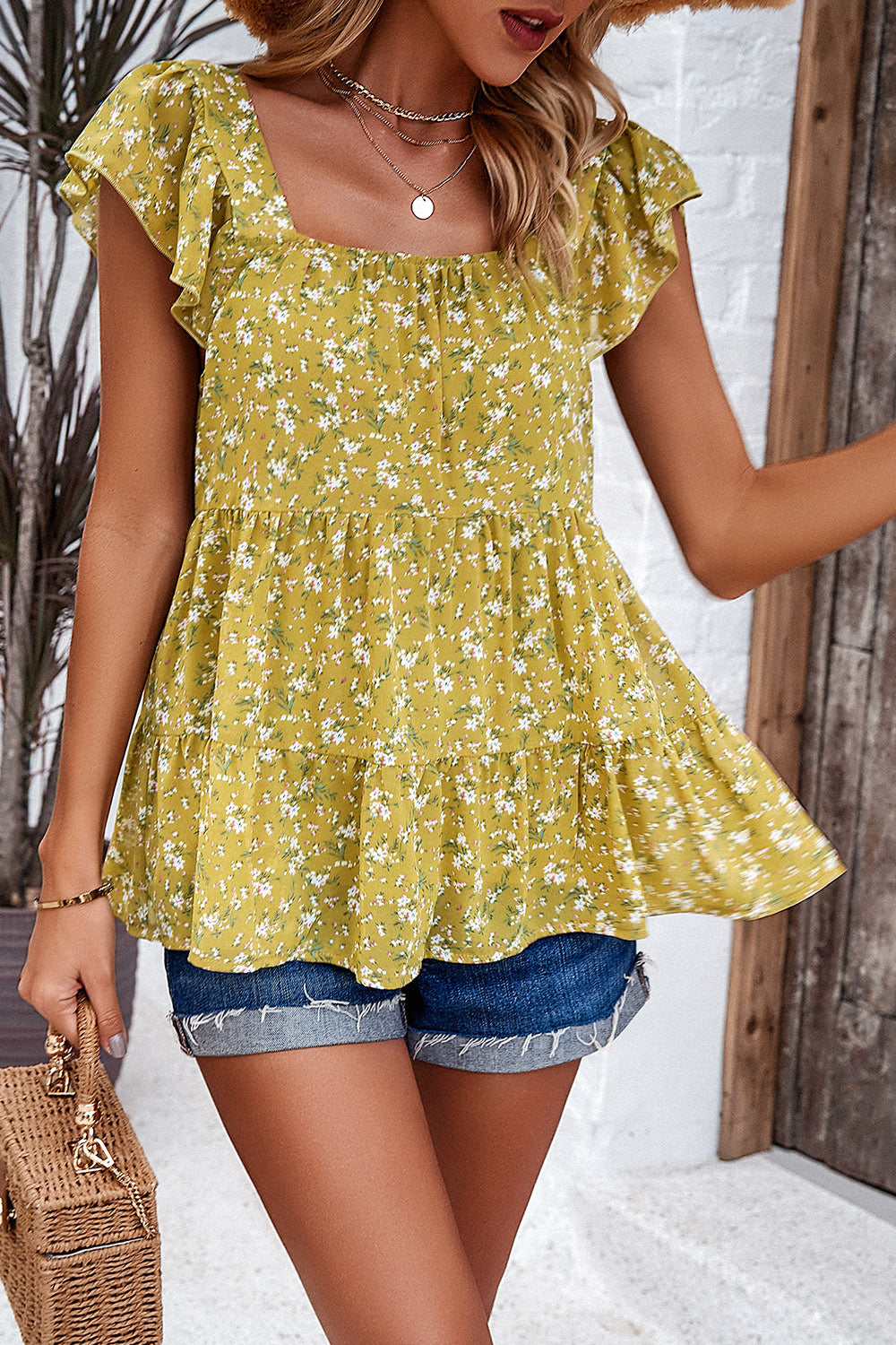 Printed Square Neck Cap Sleeve Blouse Women&