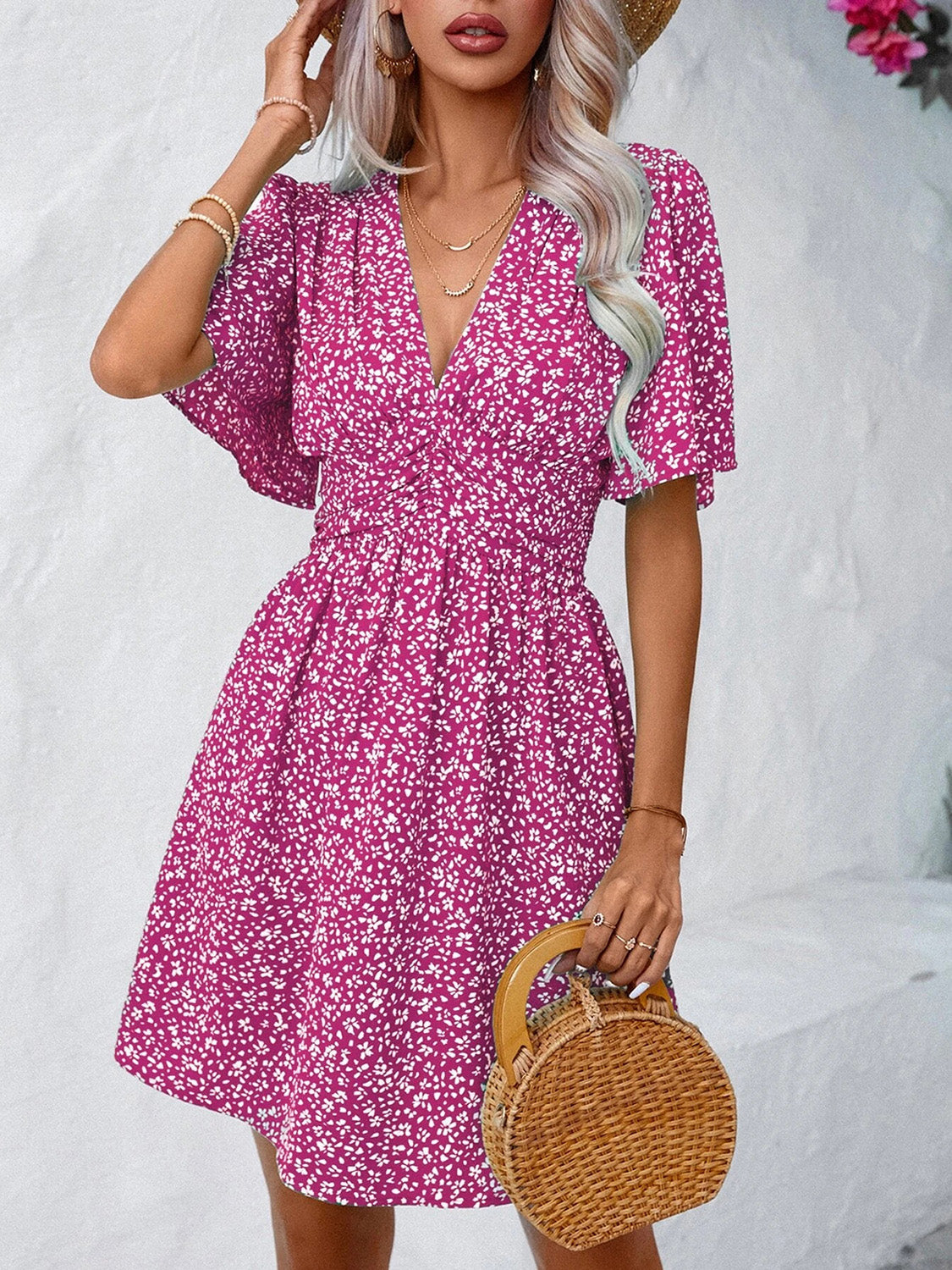 Printed V-Neck Half Sleeve Mini Dress Deep Rose S Women&