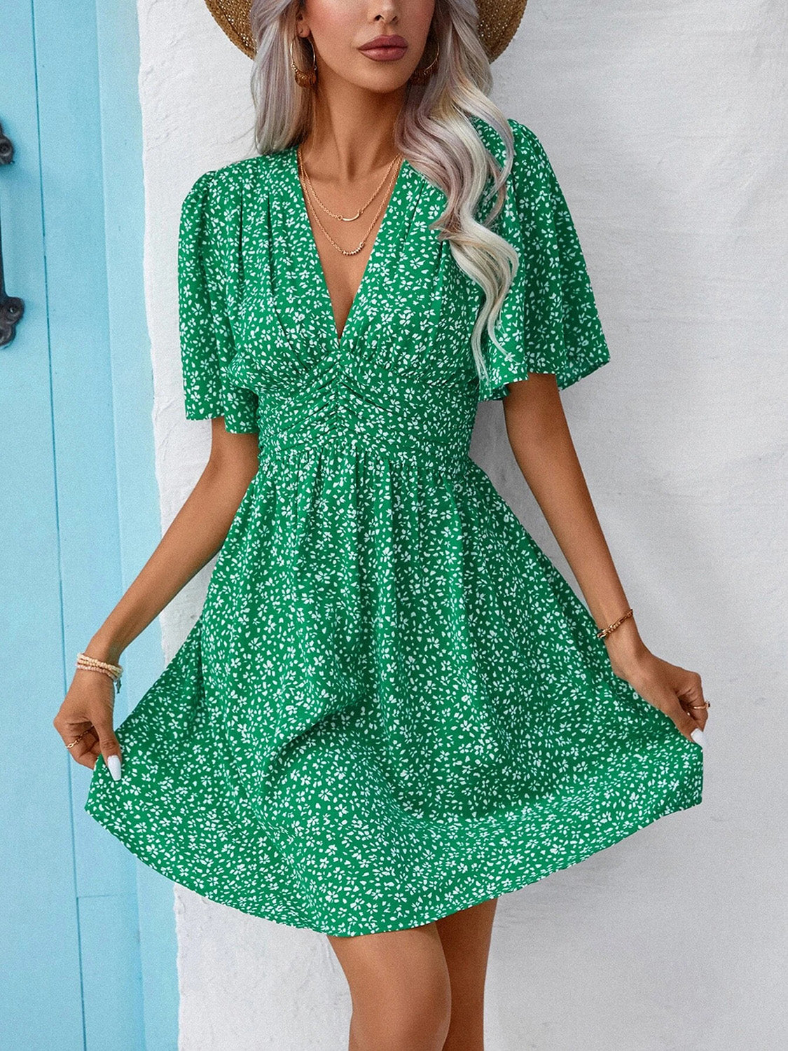 Printed V-Neck Half Sleeve Mini Dress Green S Women&