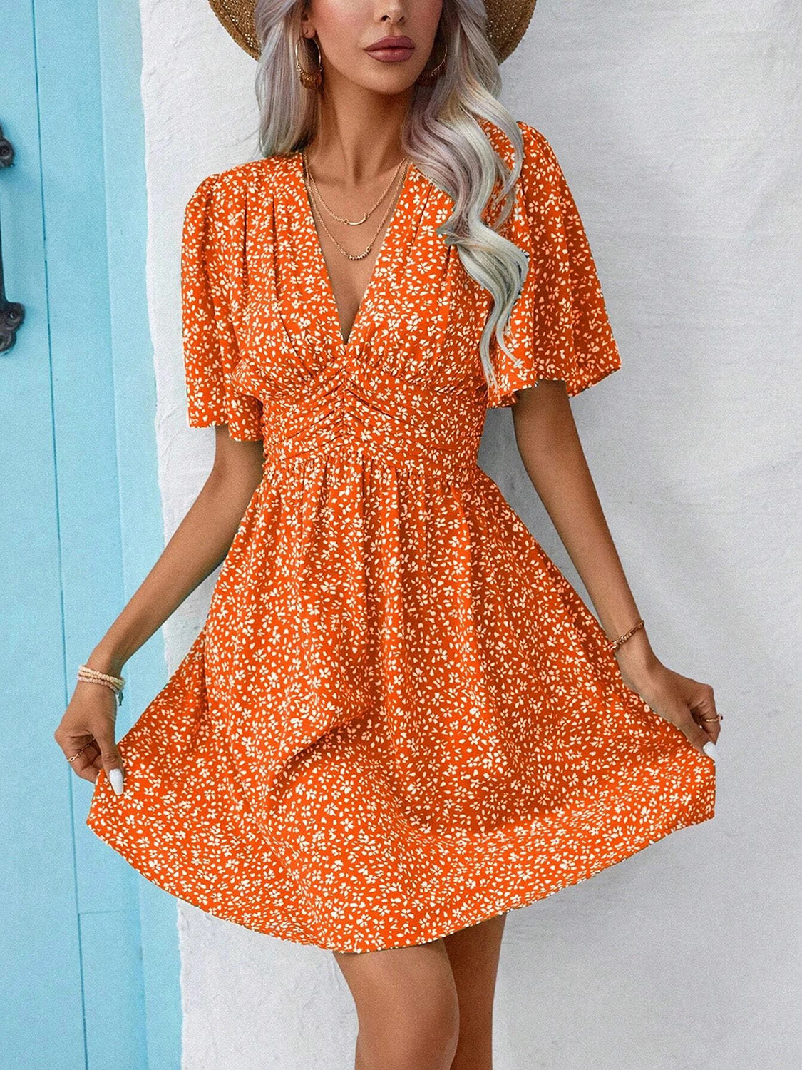 Printed V-Neck Half Sleeve Mini Dress Orange S Women&
