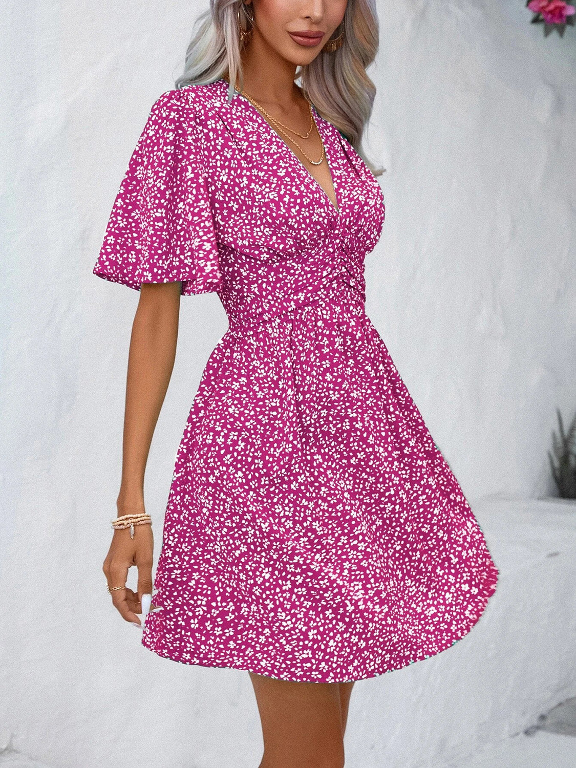 Printed V-Neck Half Sleeve Mini Dress Women&