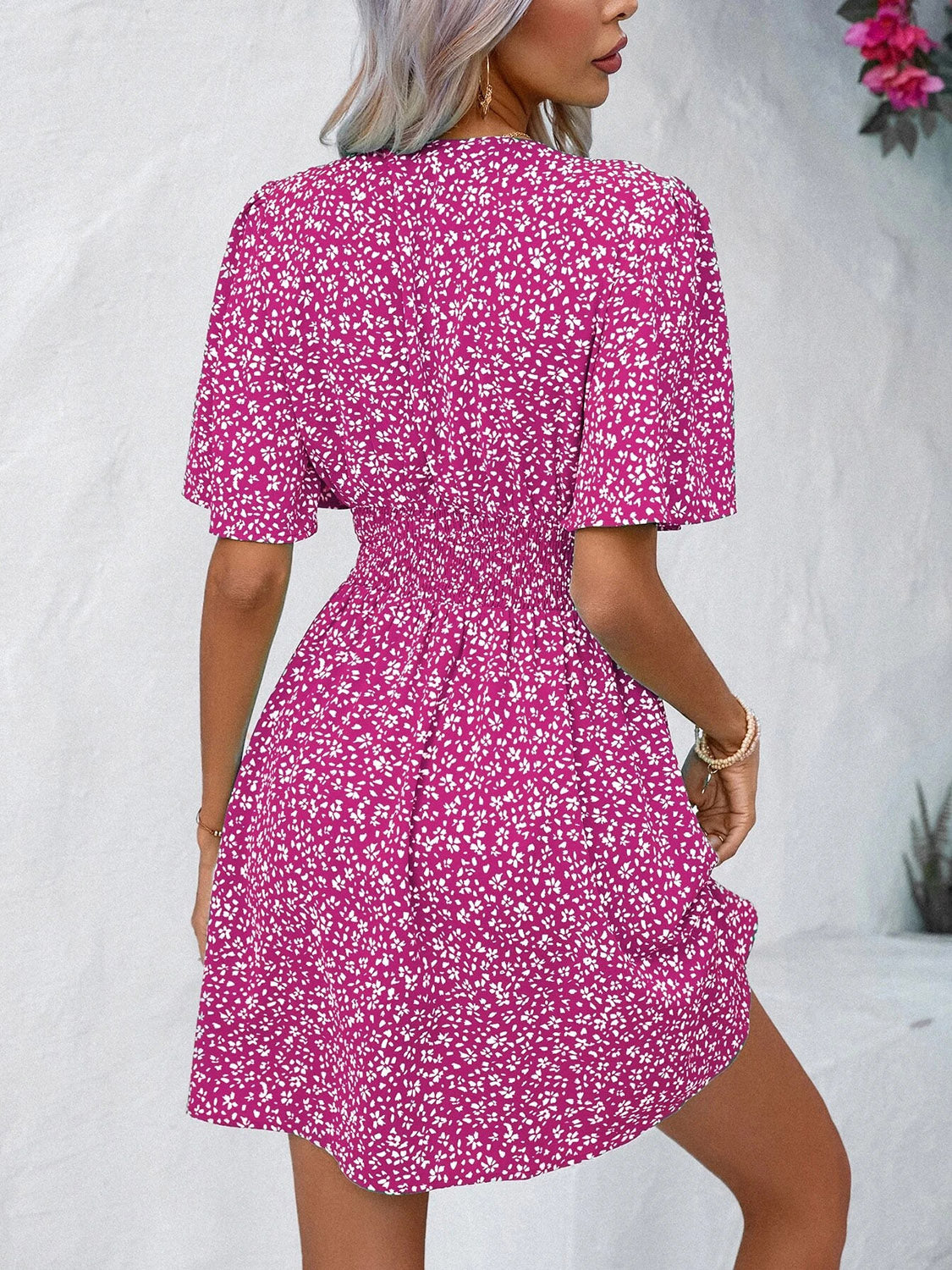 Printed V-Neck Half Sleeve Mini Dress Women&