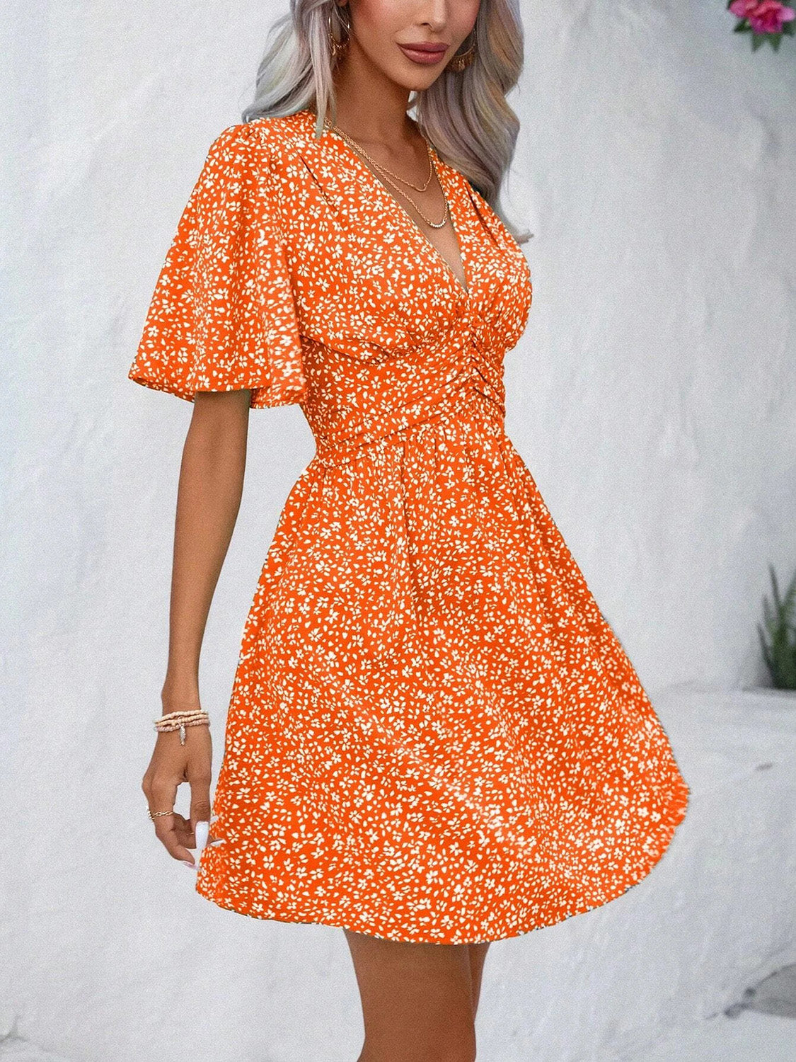 Printed V-Neck Half Sleeve Mini Dress Women&