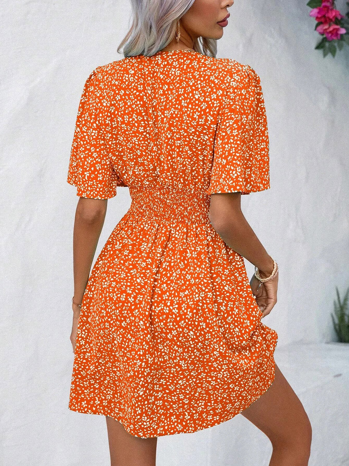 Printed V-Neck Half Sleeve Mini Dress Women&