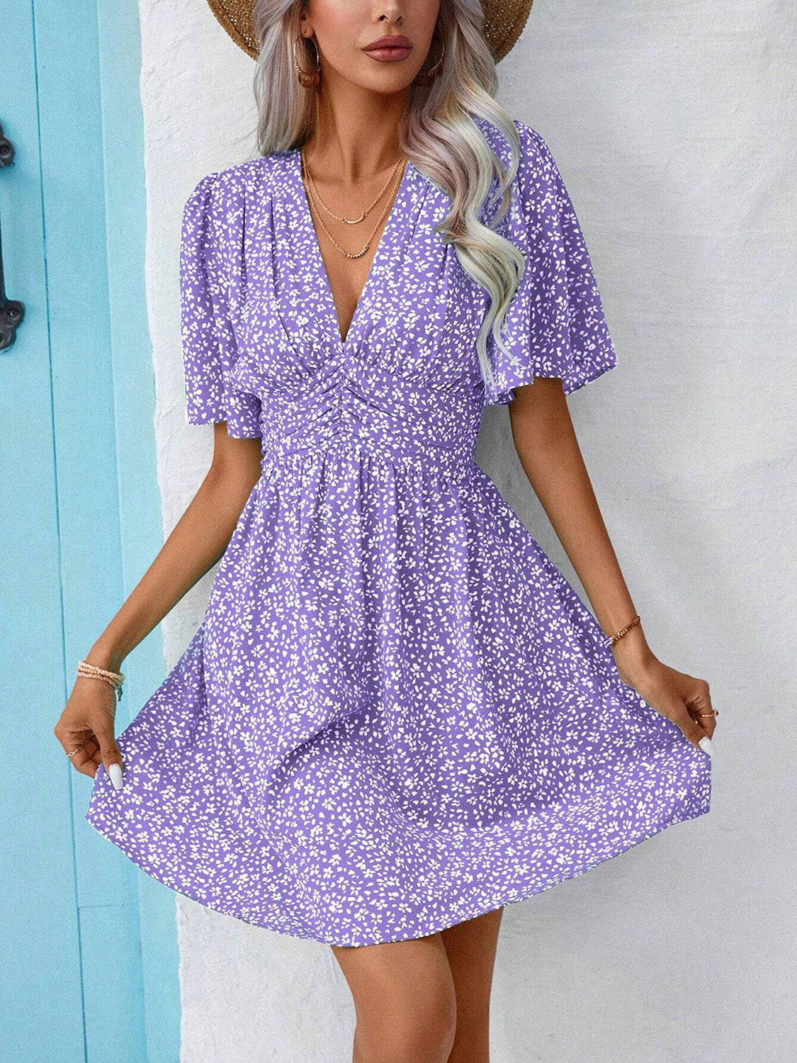 Printed V-Neck Half Sleeve Mini Dress Women&