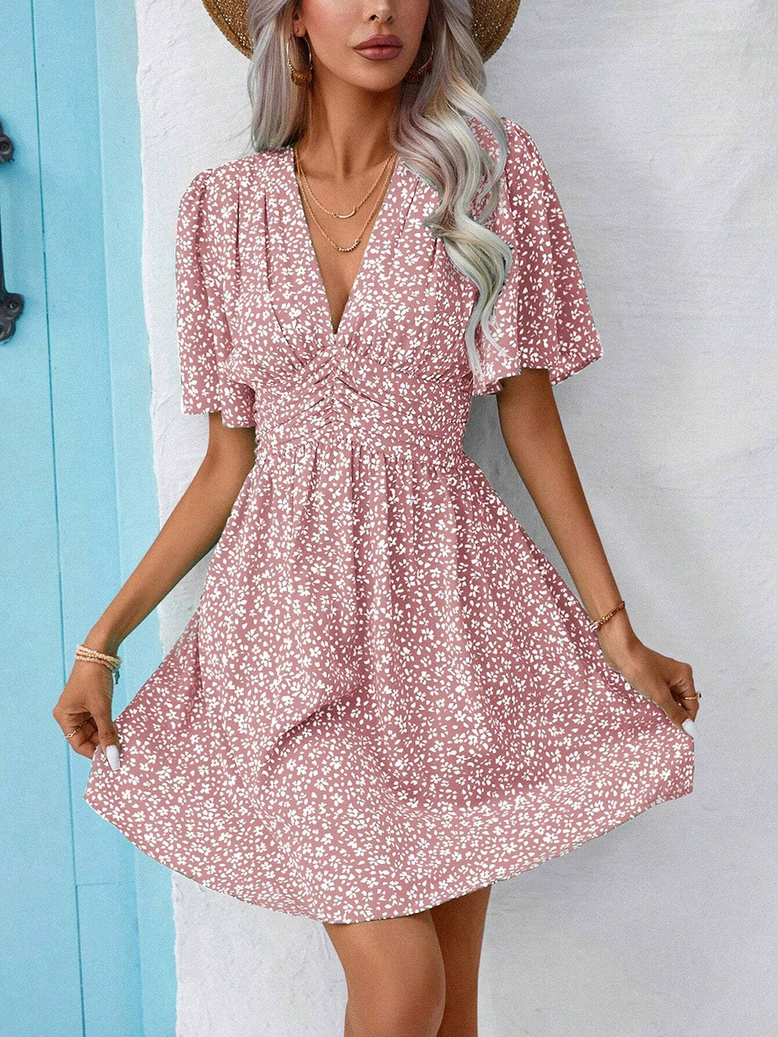 Printed V-Neck Half Sleeve Mini Dress Women&