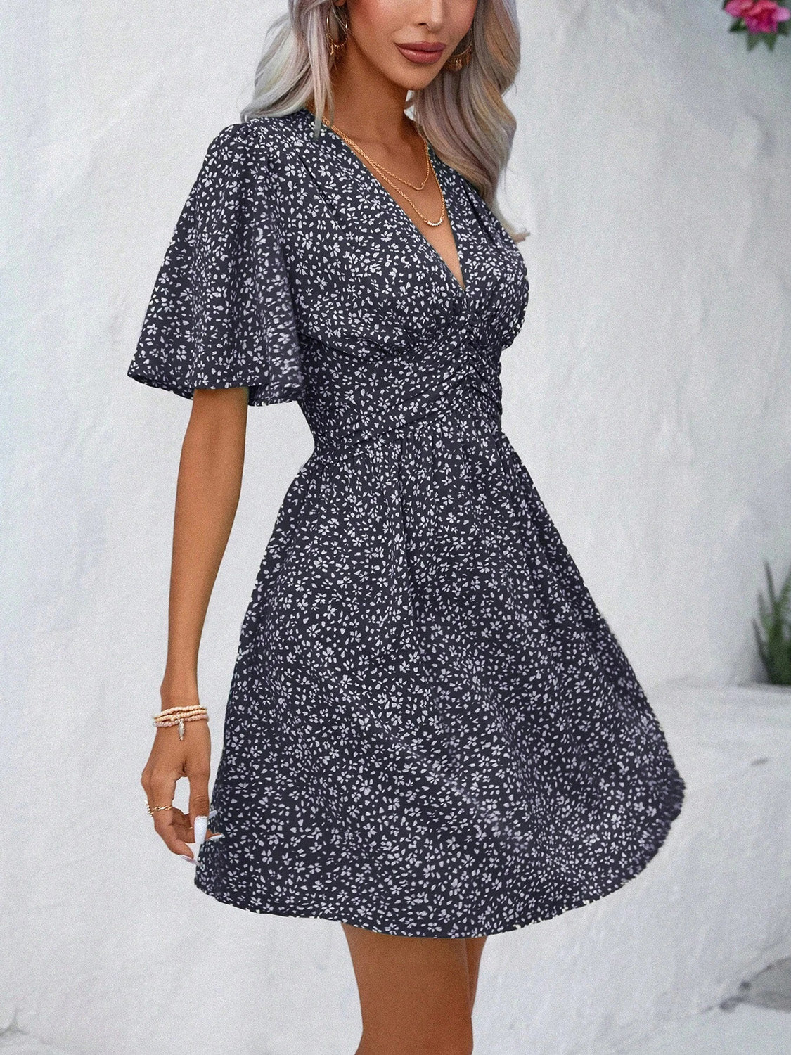 Printed V-Neck Half Sleeve Mini Dress Women&