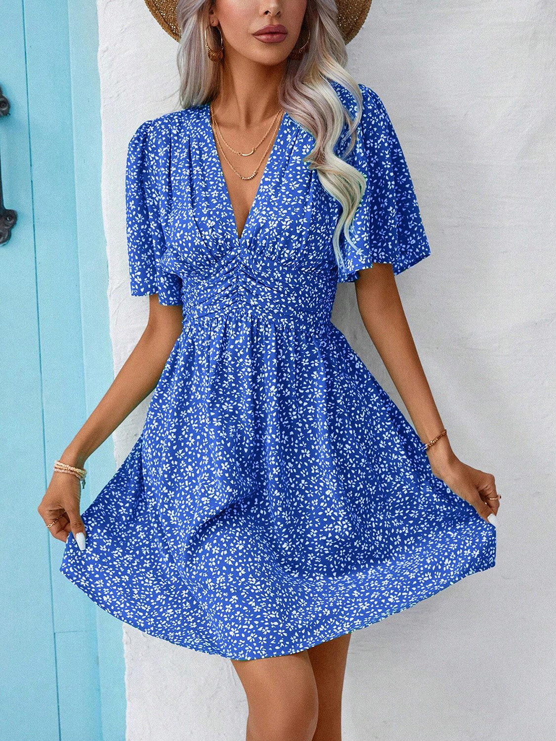 Printed V-Neck Half Sleeve Mini Dress Women&