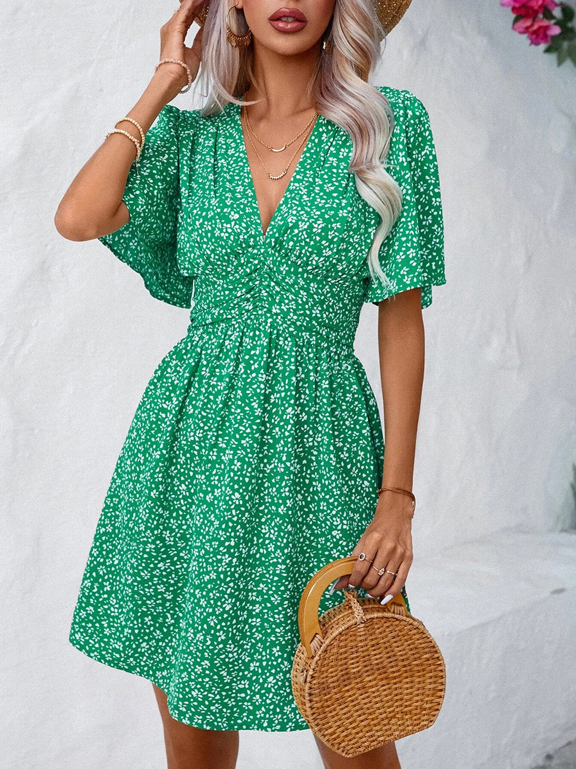 Printed V-Neck Half Sleeve Mini Dress Women&