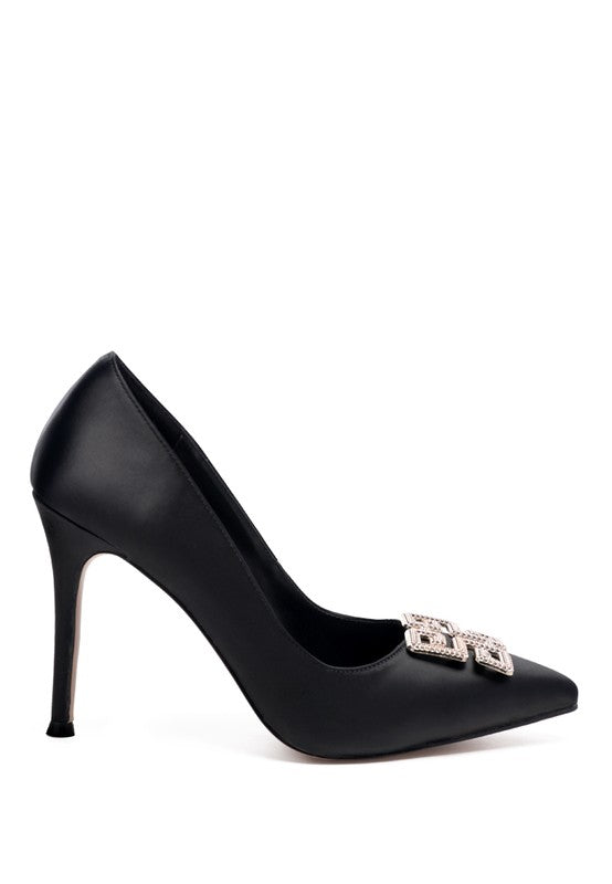 PRISCA STILETTO CRYSTAL BROOCH PUMPS Black by Rag Company | Fleurcouture