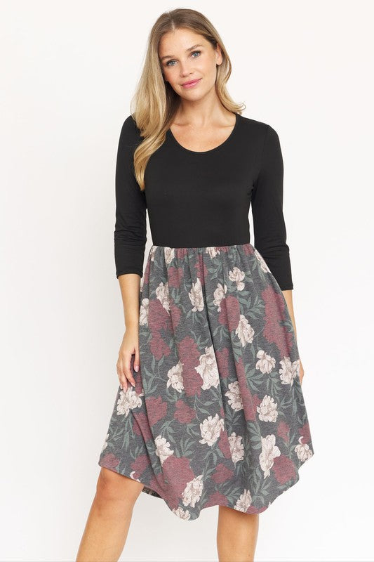 Quarter Sleeve Midi Dress Charcoal Floral S by EG fashion | Fleurcouture