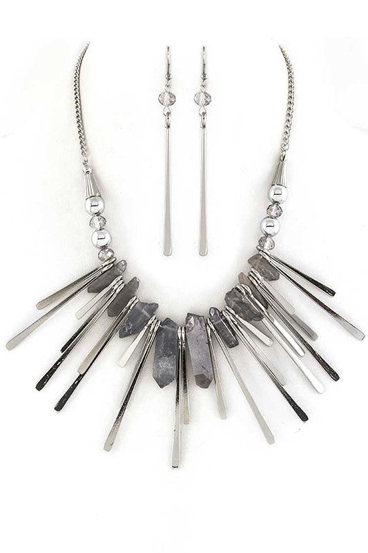 Quartz Metal Bar Statement Necklace Set Silver/White O/S by LA Jewelry Plaza | Fleurcouture