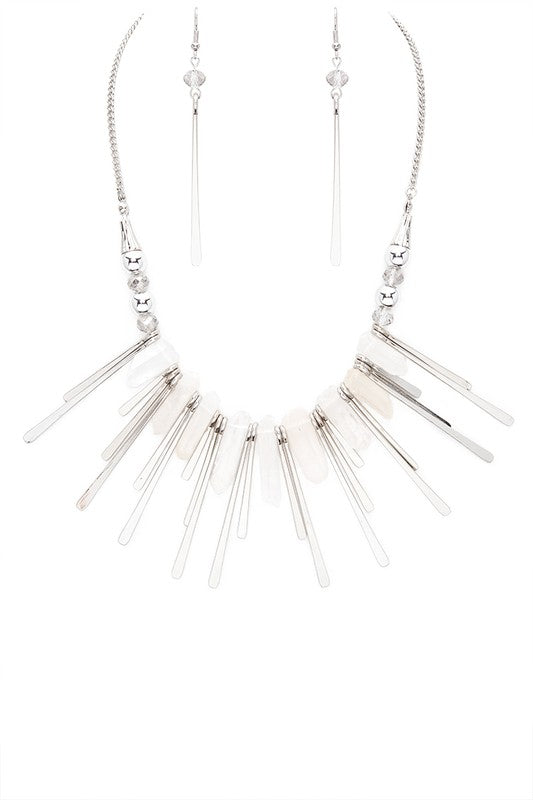 Quartz Metal Bar Statement Necklace Set Silver/White O/S by LA Jewelry Plaza | Fleurcouture