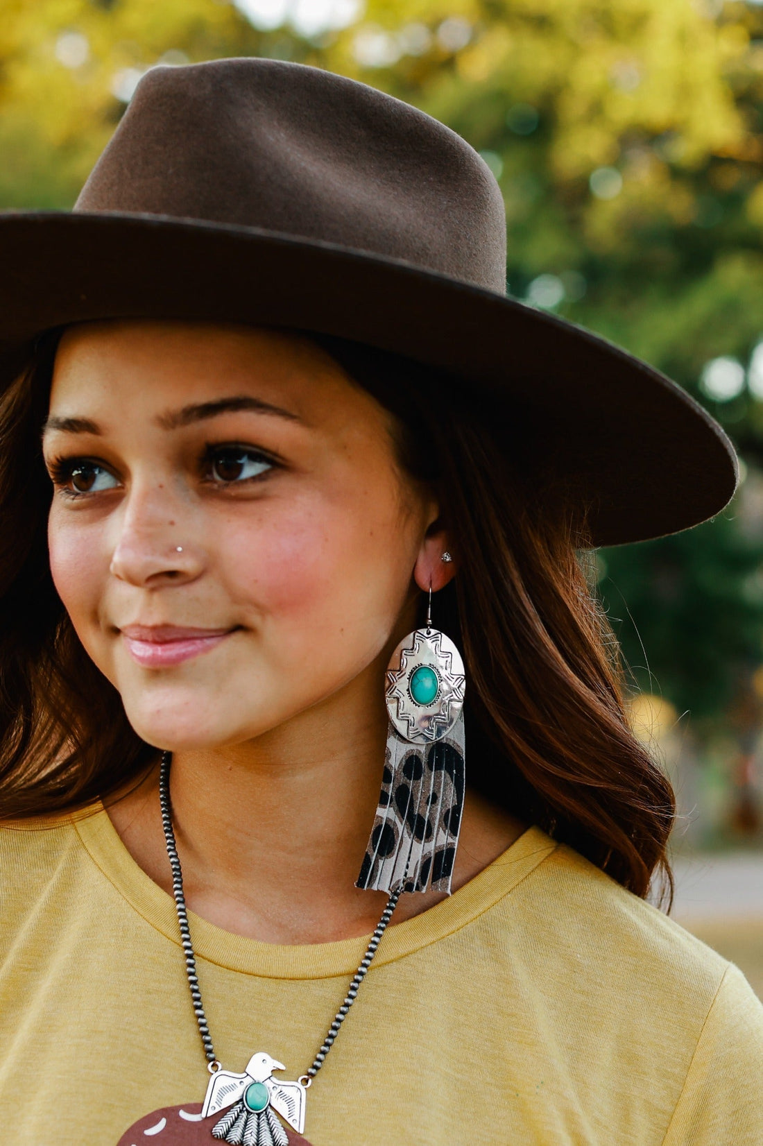 REBEL LIKE REBA TURQUOISE CONCHO WITH GREY LEOPARD FRINGE EARRINGS Grey One Size Earrings by Southern Grace | Fleurcouture