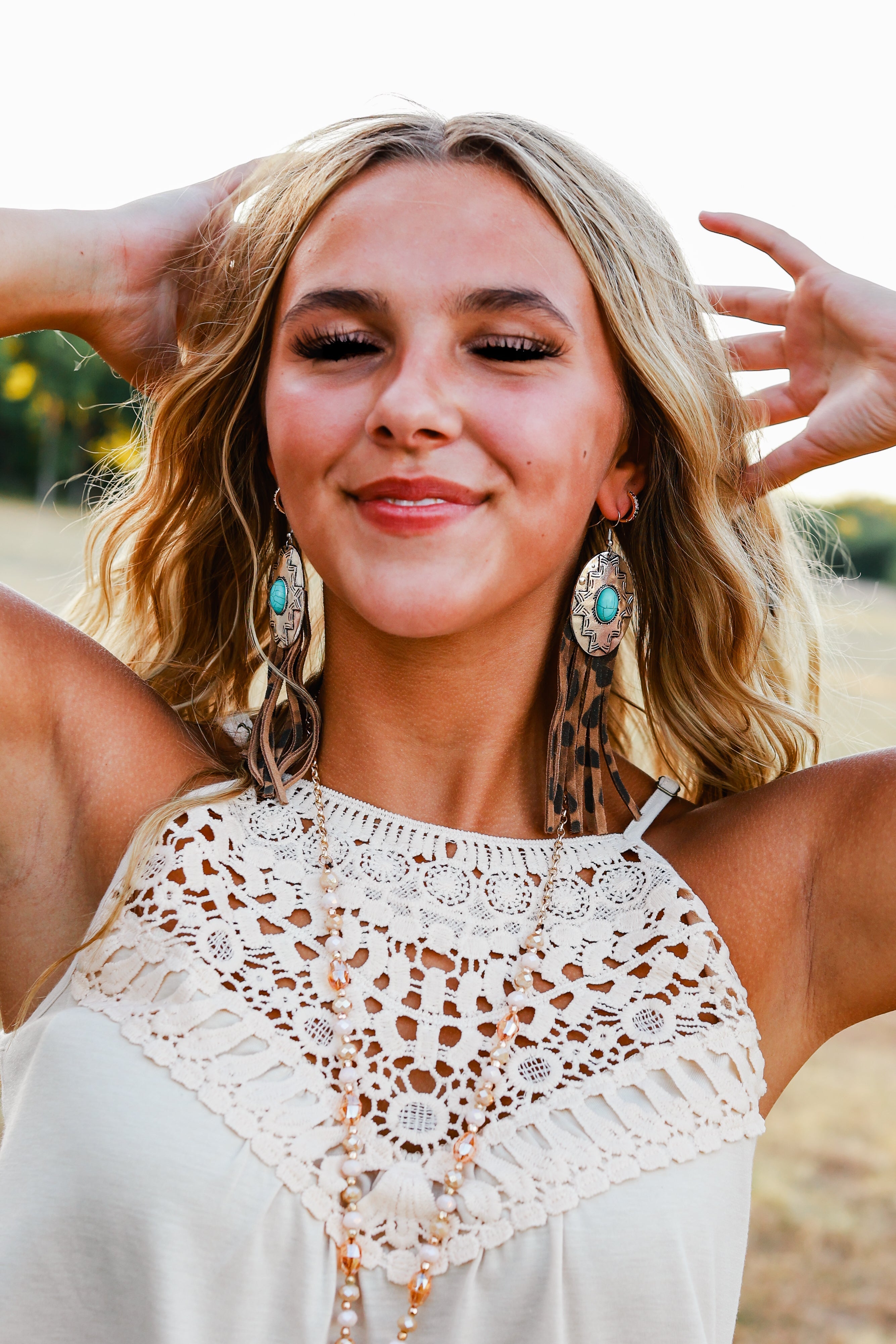 REBEL LIKE REBA TURQUOISE CONCHO WITH GREY LEOPARD FRINGE EARRINGS Grey One Size Earrings by Southern Grace | Fleurcouture