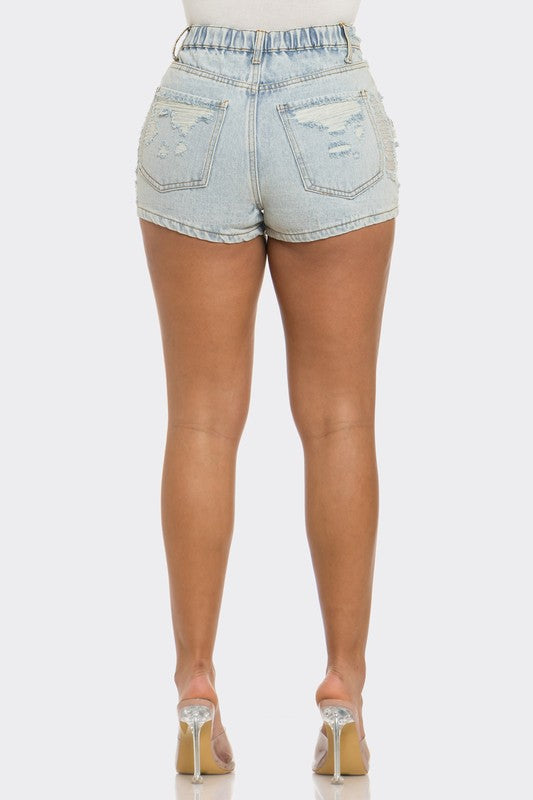 Rebel Spirit Distressed Denim Shorts DENIM by Athina | Fleurcouture