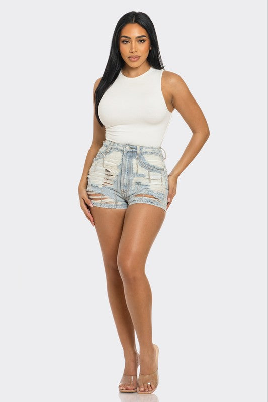 Rebel Spirit Distressed Denim Shorts DENIM by Athina | Fleurcouture