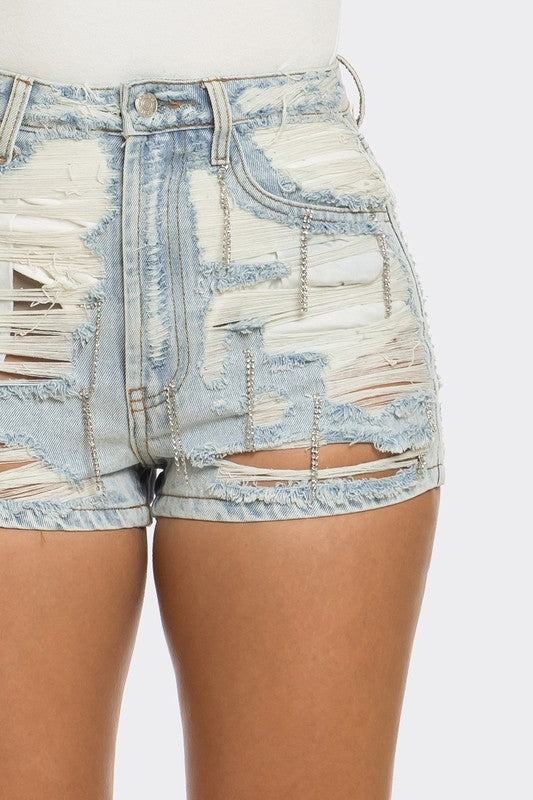 Rebel Spirit Distressed Denim Shorts DENIM by Athina | Fleurcouture