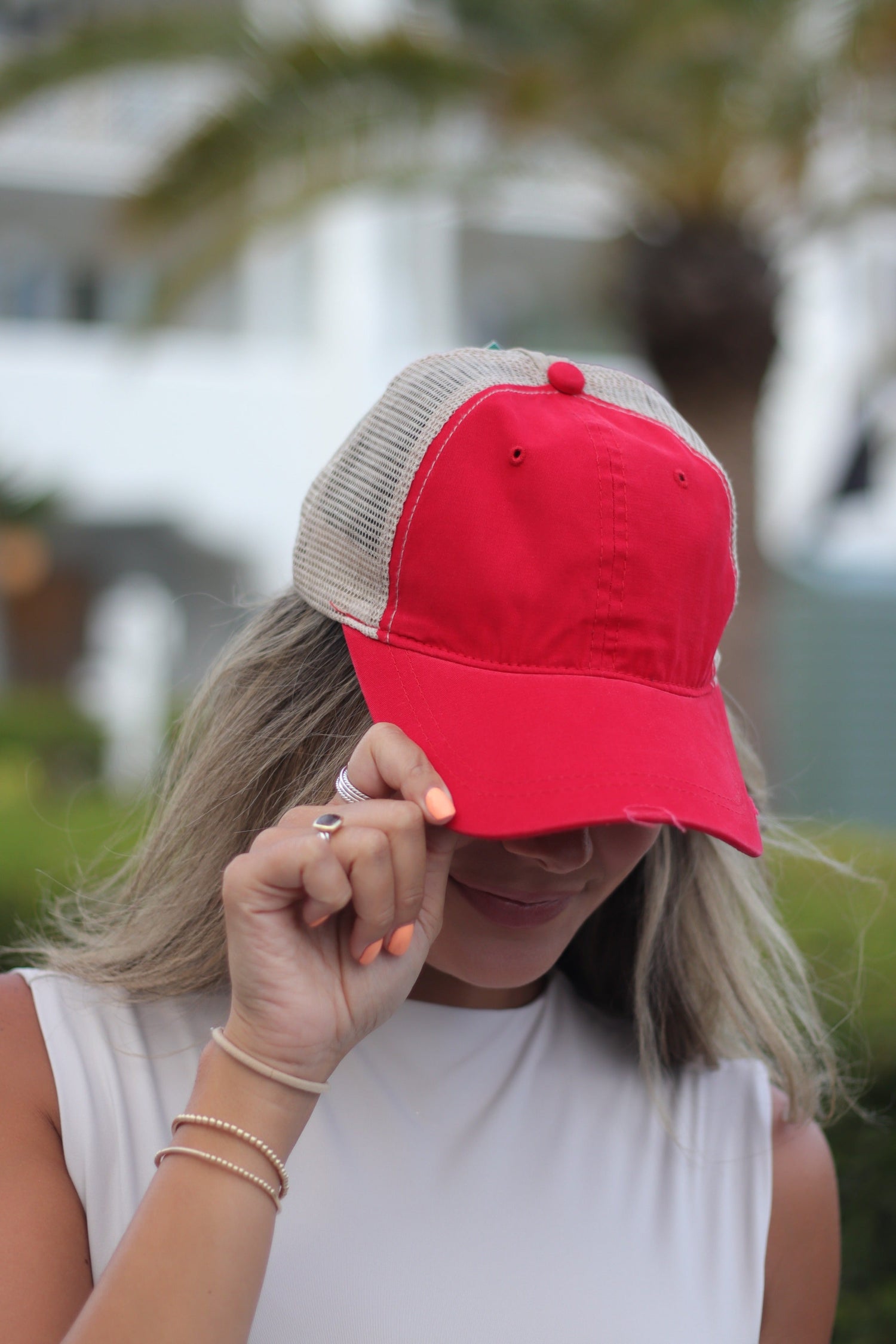 Red High Ponytail Hat with Beige Mesh Red One Size Hats & Headwear by Custom | Fleurcouture