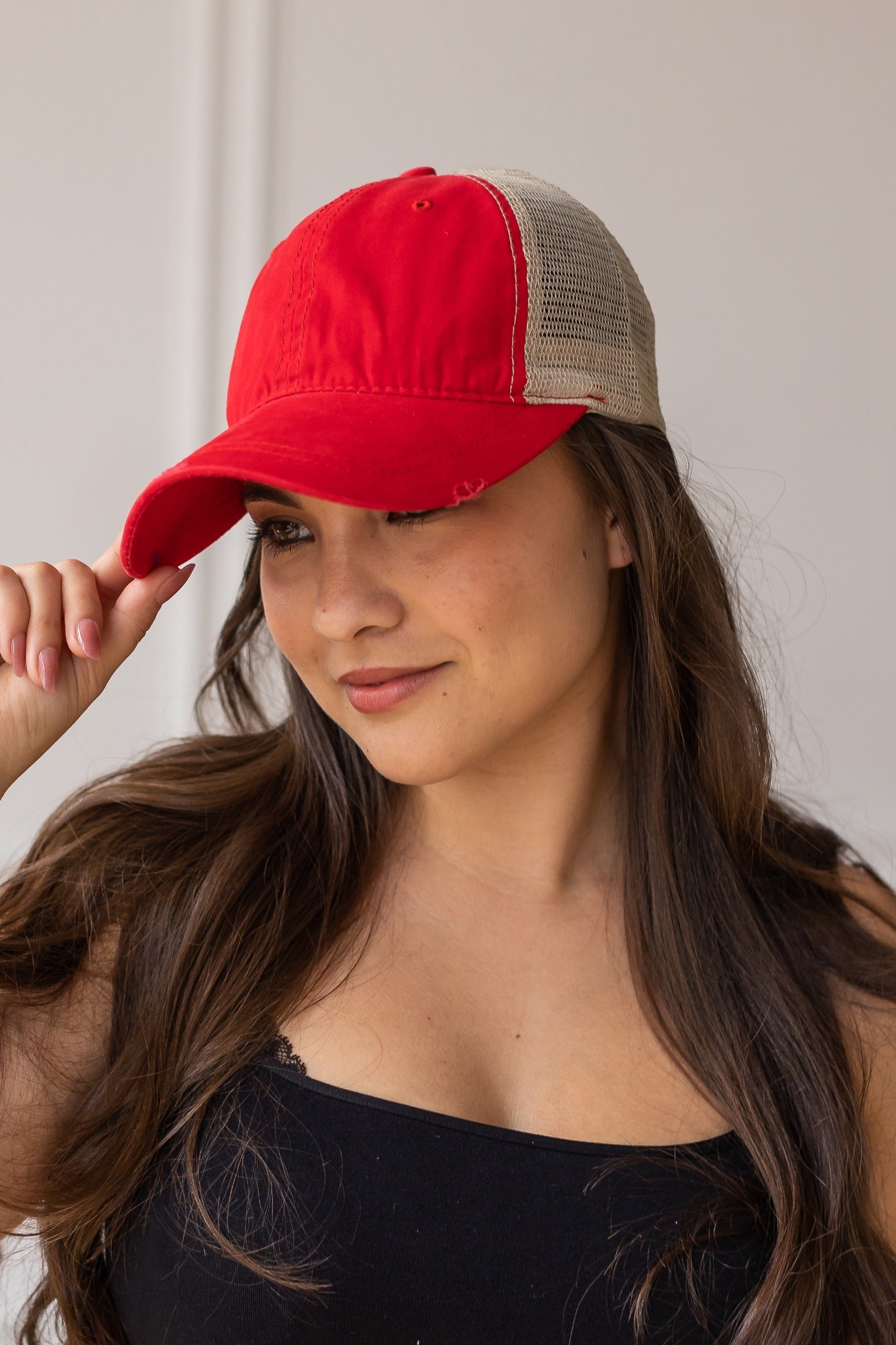 Red High Ponytail Hat with Beige Mesh Red One Size Hats & Headwear by Custom | Fleurcouture
