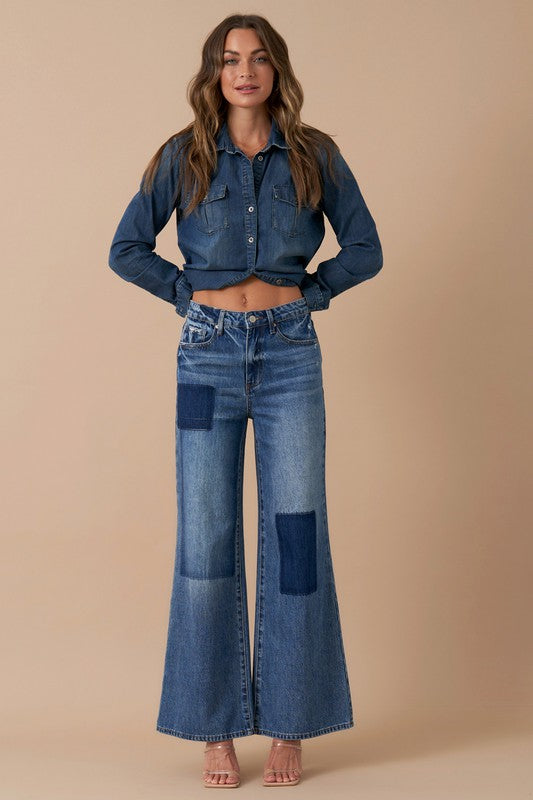 Relaxed Wide Leg Patchwork Jeans DARK VINTAGE by Denim Lab USA | Fleurcouture