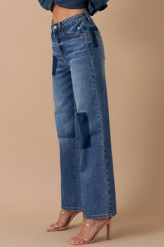 Relaxed Wide Leg Patchwork Jeans DARK VINTAGE by Denim Lab USA | Fleurcouture