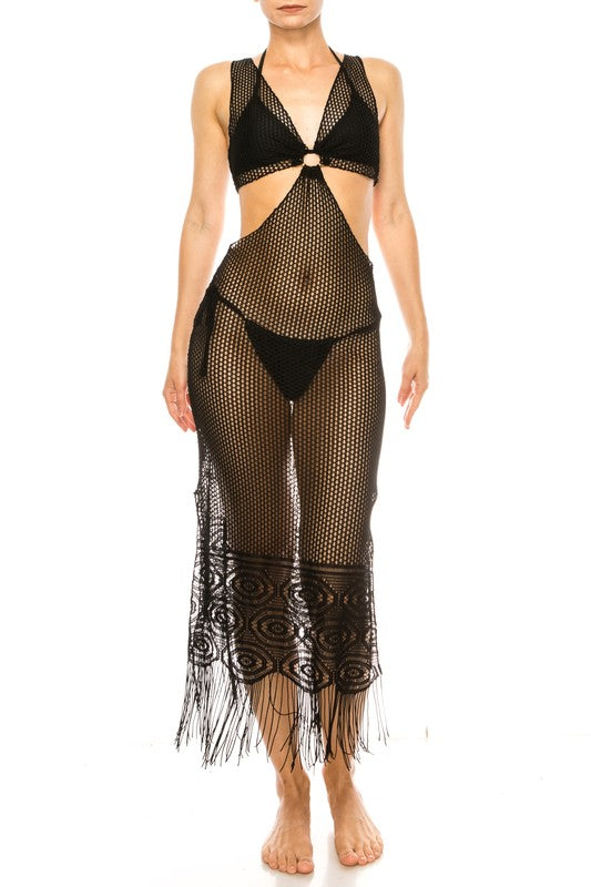 Relaxing Crochet with Tinsel Bottom Mid Cutout Cov Black S by Mermaid Swimwear | Fleurcouture