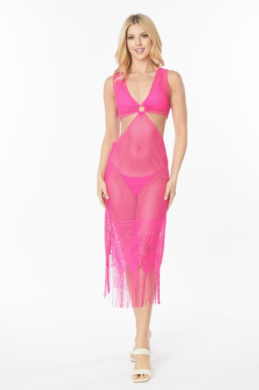 Relaxing Crochet with Tinsel Bottom Mid Cutout Cov Hot Pink S by Mermaid Swimwear | Fleurcouture