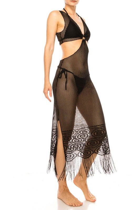 Relaxing Crochet with Tinsel Bottom Mid Cutout Cov by Mermaid Swimwear | Fleurcouture
