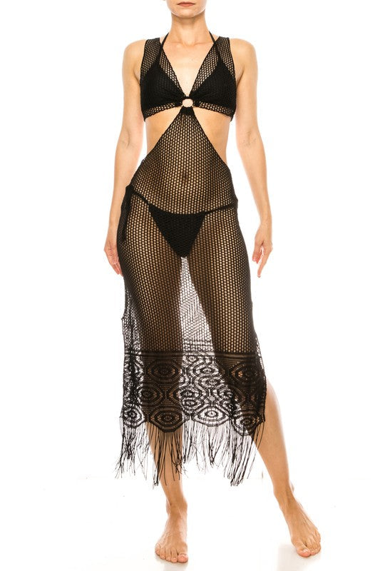 Relaxing Crochet with Tinsel Bottom Mid Cutout Cov by Mermaid Swimwear | Fleurcouture
