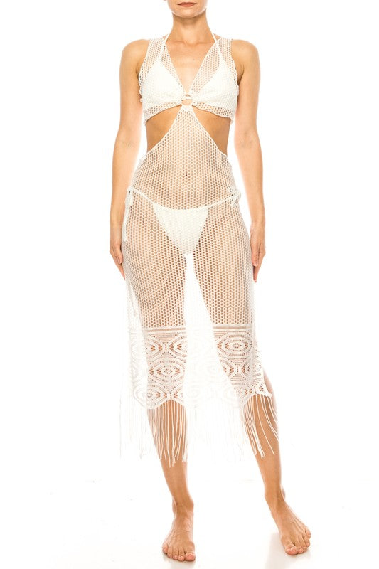 Relaxing Crochet with Tinsel Bottom Mid Cutout Cov White S by Mermaid Swimwear | Fleurcouture