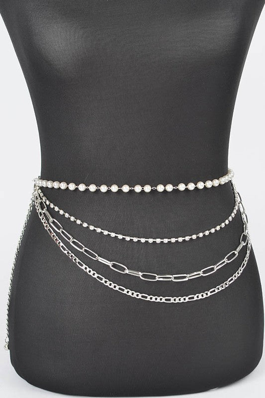 Rhinestone Pearl Station Layered Chain Belt Silver O/S by Artini Accessories | Fleurcouture