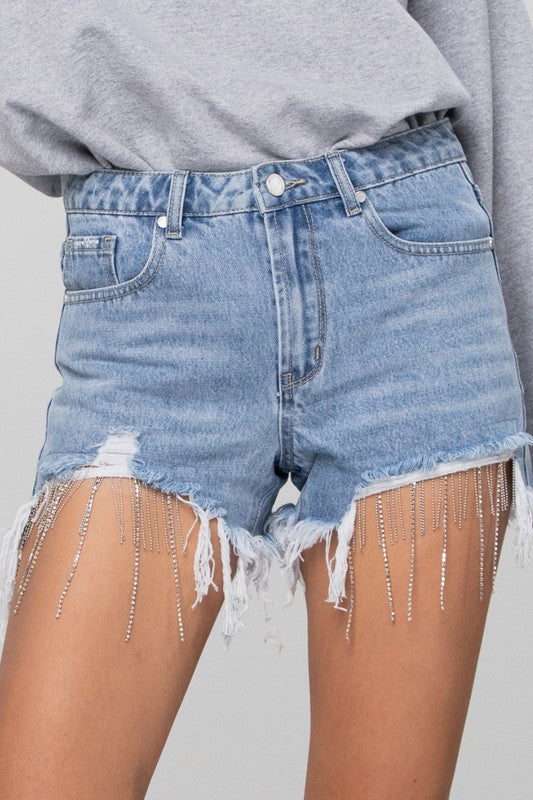 RHINESTONE PREMIUM DENIM SHORTS LIGHT BLUE WASH by Insane Gene | Fleurcouture