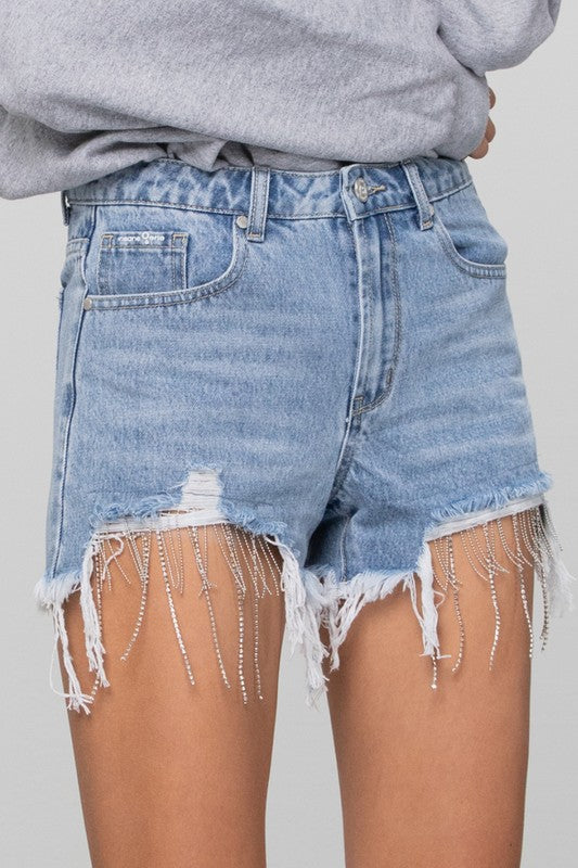 RHINESTONE PREMIUM DENIM SHORTS LIGHT BLUE WASH by Insane Gene | Fleurcouture
