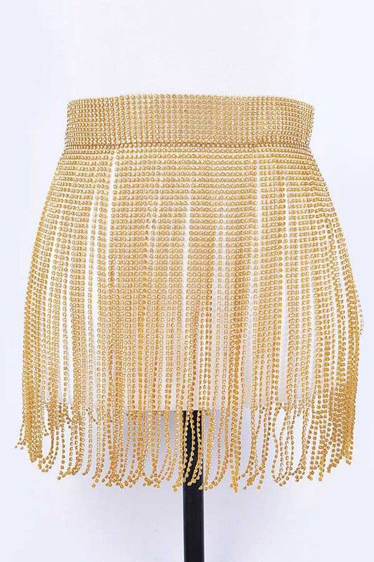 Rhinestone Slash Fringe Belt Gold O/S by Artini Accessories | Fleurcouture