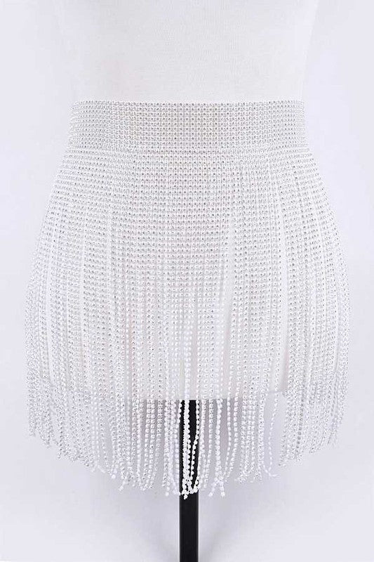 Rhinestone Slash Fringe Belt White O/S by Artini Accessories | Fleurcouture