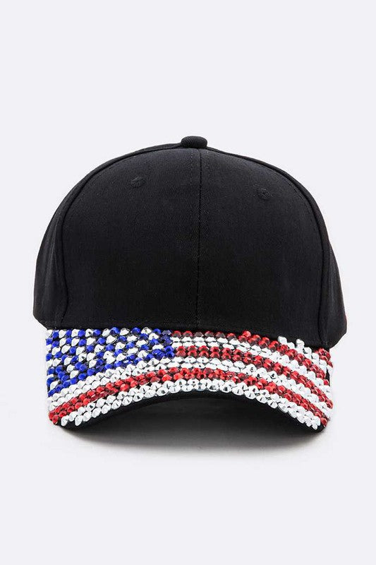 Rhinestone USA Flag Brim Baseball Cap DENIM O/S by LA Jewelry Plaza | Fleurcouture