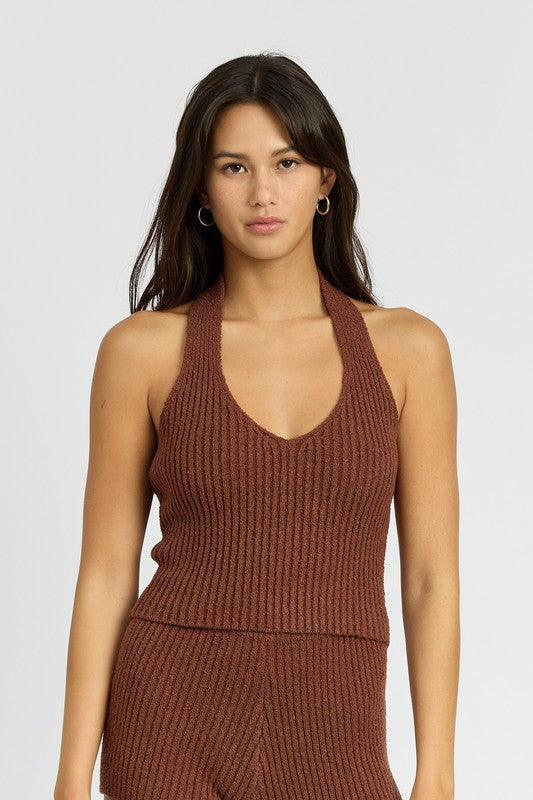 RIBBED HALTER NECK TOP BROWN S by Emory Park | Fleurcouture
