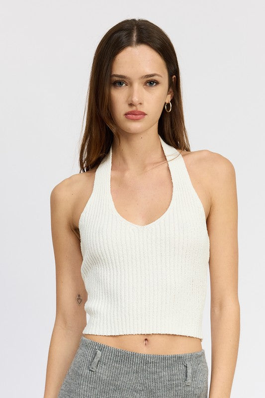 RIBBED HALTER NECK TOP by Emory Park | Fleurcouture