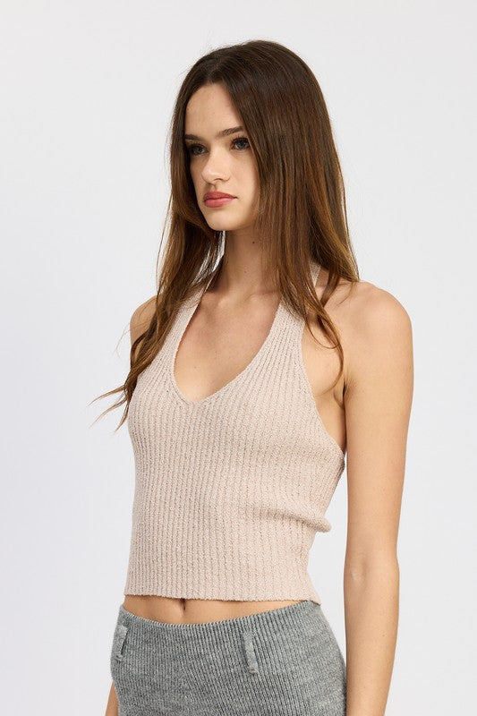 RIBBED HALTER NECK TOP by Emory Park | Fleurcouture