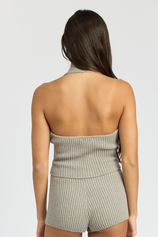 RIBBED HALTER NECK TOP by Emory Park | Fleurcouture