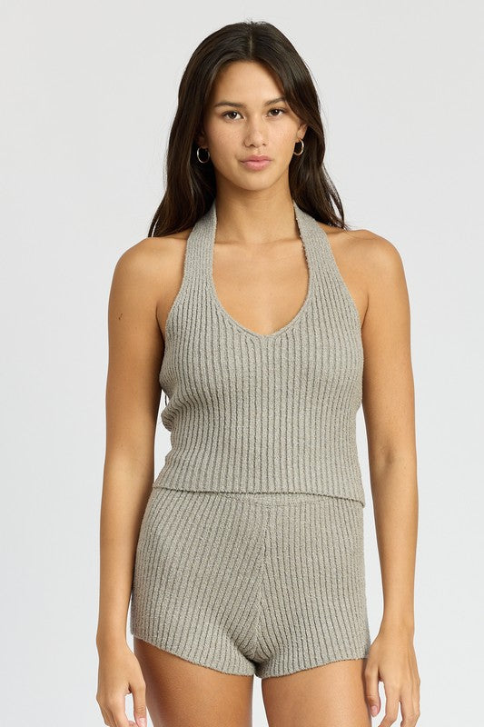 RIBBED HALTER NECK TOP H GREY S by Emory Park | Fleurcouture