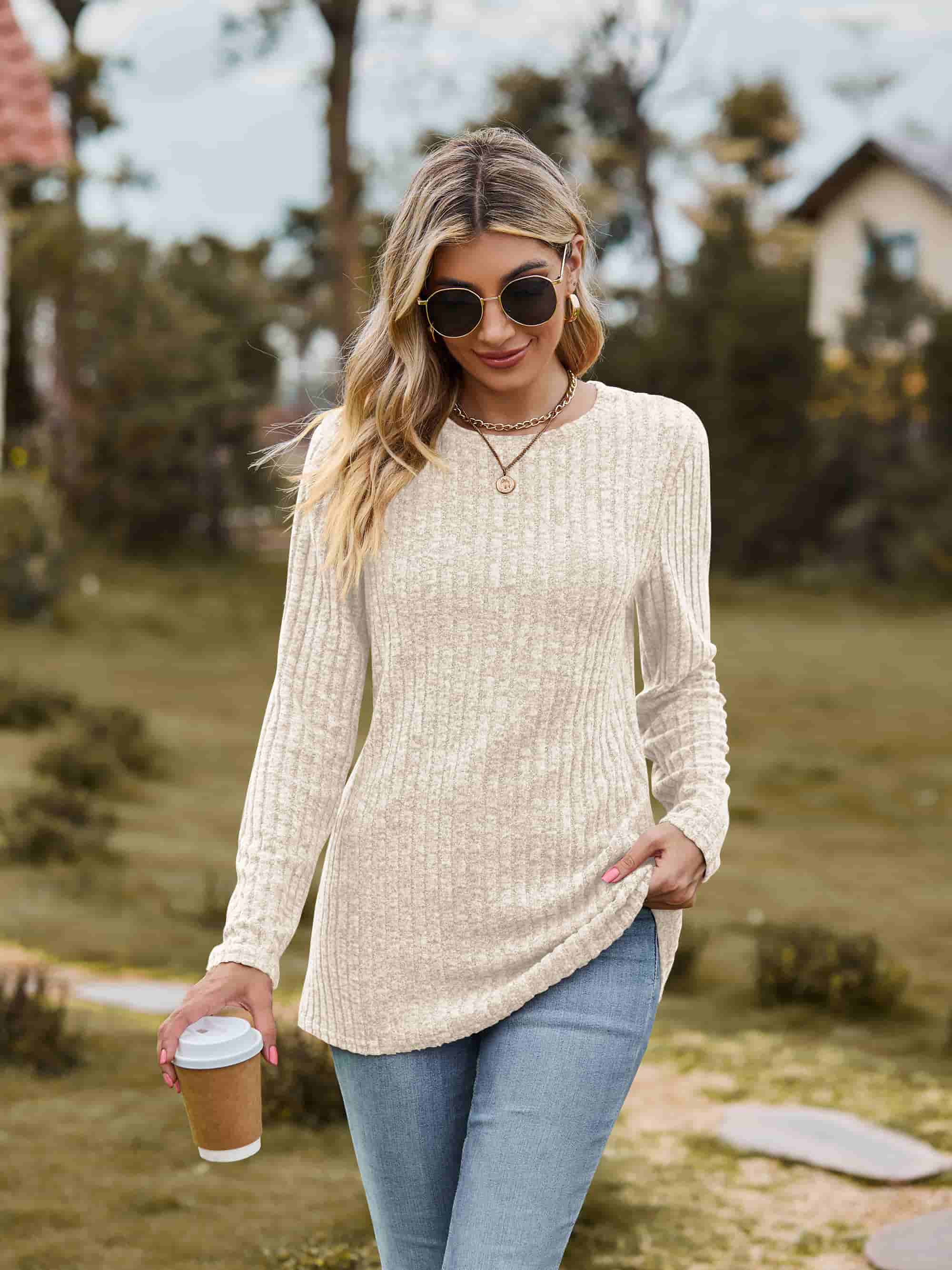 Ribbed Round Neck Long Sleeve Tee Beige S Tees by Trendsi | Fleurcouture